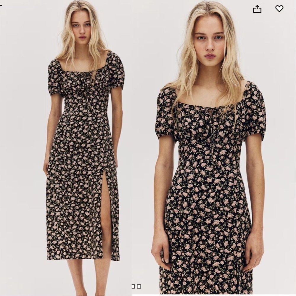 H&M Floral Puff Sleeve Midi Dress, XS Black Pink | Cottagecore Coquette NEW NWT